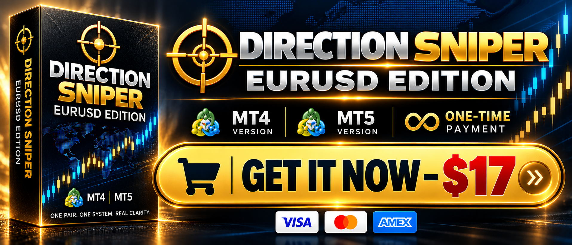 Get Direction Sniper EURUSD Edition for MT4 or MT5, one time payment of $17