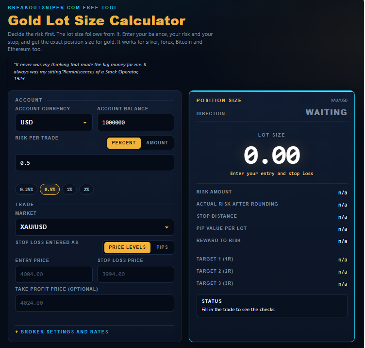 Gold lot size calculator page, showing a stop distance entered and the lot size result